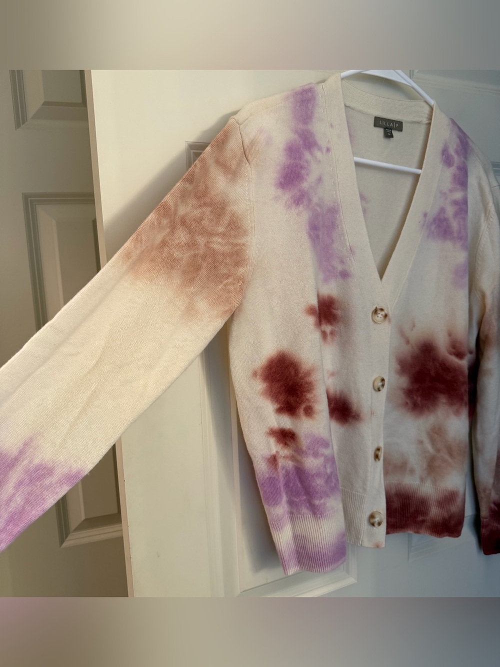 Lilla P Wool Cashmere Tie Dye Cardigan, Ivory/Rust/Purple, Size M - Picture 6 of 12
